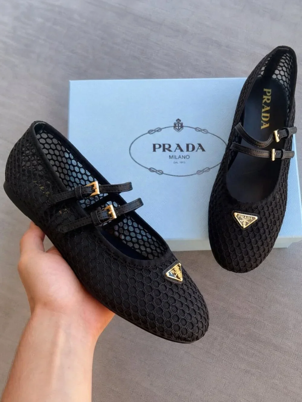 Prada Mesh Mary Jane Flats with Triangle Logo - Black - Size 39